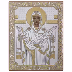 Vergine Maria Pokrova Icona rettangolare. Volto dipinto. Senza cornice. Argento 999. Oro.