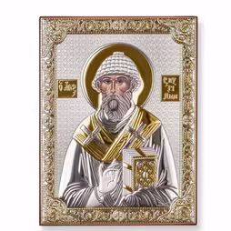 St. Spyridon Rectangular Icon. Painted face. No frame. Silver 999. Gold.