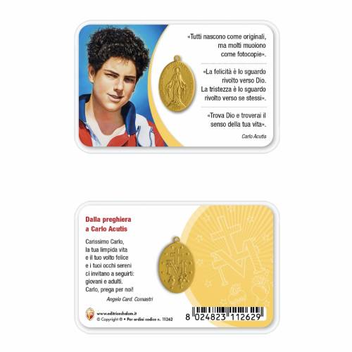 Card plastificata Carlo Acutis con medaglia Miracolosa e preghiera