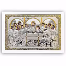 The last Supper Rectangular icon. Painted face. White base. Silver 999. Gold.