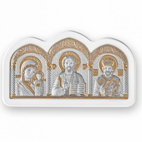 Triptych Arch Icon. Painted face. White base. Silver 999. Gold.