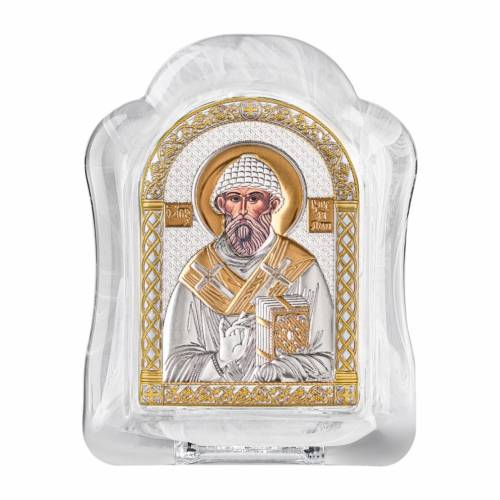 San Spiridione Icona ad arco in vetro di Murano. Quadrante dipinto. Argento 999. Oro.