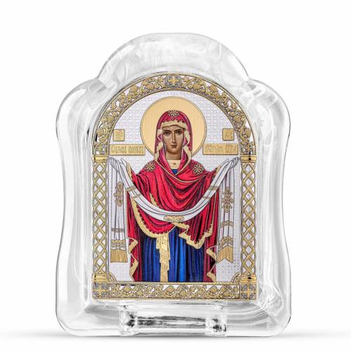 Vergine Maria Pokrova Icona ad arco in vetro di Murano. Quadrante dipinto. Argento 999. Oro. Colorato.
