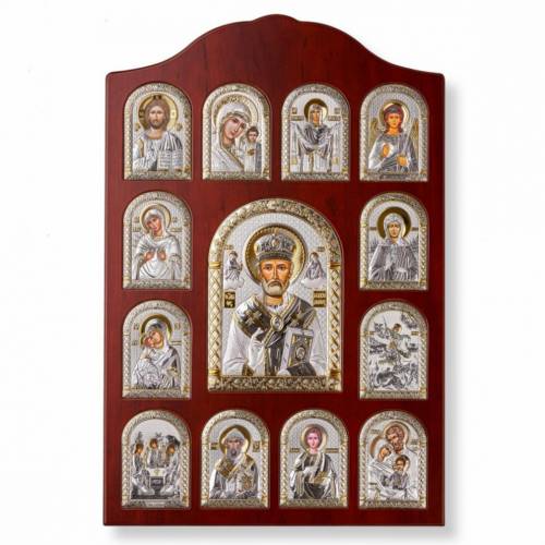 St. Nikolas Rectangular Icon. Painted face. Brown base. Silver 999. Gold.