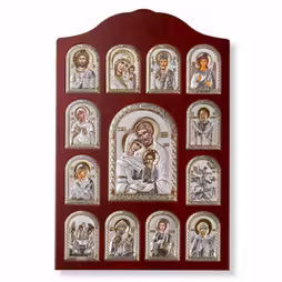 Holy Family Rectangular Icon. Painted face. Brown base. Silver 999. Gold.