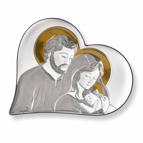 Holy Family Catholic heart-shaped icon. Painted face. Silver 999. Gold
