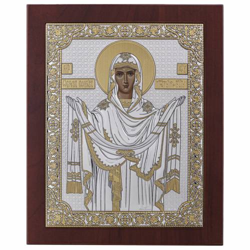 Vergine Maria Pokrova Icona rettangolare. Quadrante dipinto. Base marrone. Argento 999. Oro.