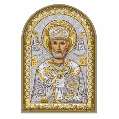 St. Nikolas Arch Icon. Painted face. White base. Silver 999. Gold.