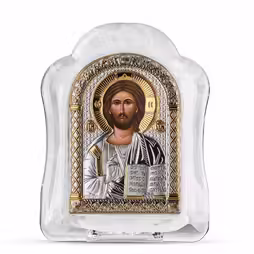 Cristo Icona ad arco in vetro di Murano. Quadrante dipinto. Argento 999. Oro.