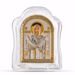 Virgin Mary Pokrova Arch Icon Murano glass. Painted face. Silver 999. Gold.