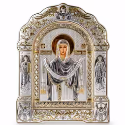 Virgin Mary Pokrova Arch Icon with a frame. Painted face. Silver 999. Gold.