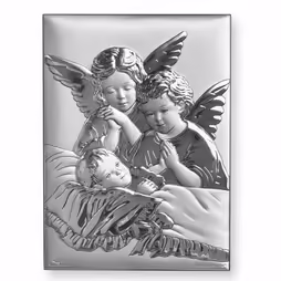 Angelo custode Icona cattolica rettangolare. Volto dipinto. Base marrone. Argento 999. Oro