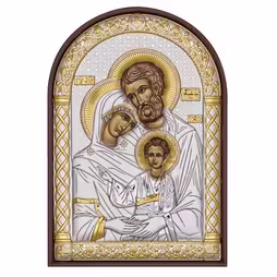 Sacra Famiglia Icona ad arco. Faccia dipinta. Base marrone. Argento 999. Oro.