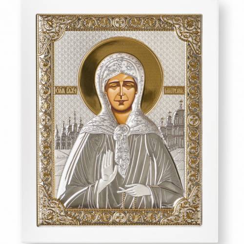 St. Matrona Rectangular Icon. Painted face. White base. Silver 999. Gold.