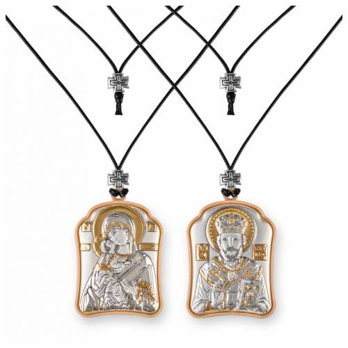 Virgin Mary Vladimir - St. Nikolas Pendant Icon. Silver 999. Gold.