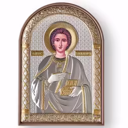 Panteleimon Icona ad arco. Faccia dipinta. Base marrone. Argento 999. Oro.