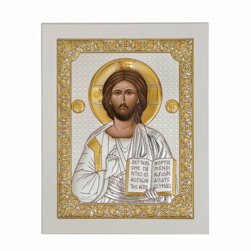 Cristo Icona rettangolare. Quadrante dipinto. Base bianca. Argento 999. Oro.