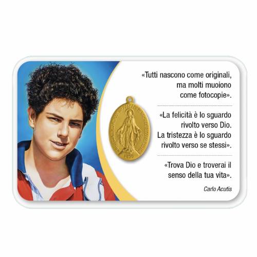Card plastificata Carlo Acutis con medaglia Miracolosa e preghiera
