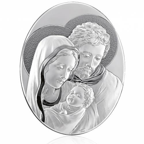 Quadro in legno con placca in argento ovale Sacra Famiglia