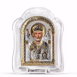 San Nicola Icona ad arco in vetro di Murano. Quadrante dipinto. Argento 999. Oro.