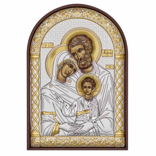 Sacra Famiglia Icona ad arco. Faccia dipinta. Base marrone. Argento 999. Oro.