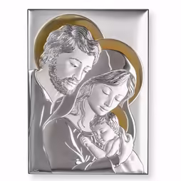 Holy Family Rectangular Catholic icon. Painted face. Brown base. Silver 999. Gold