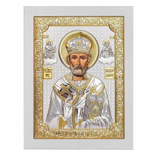 St. Nikolas Rectangular Icon. Painted face. White base. Silver 999. Gold.