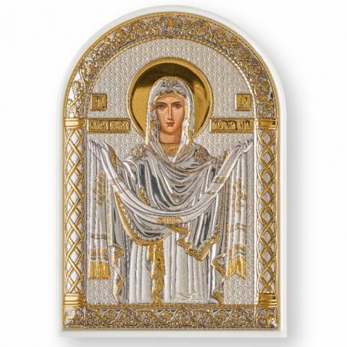 Virgin Mary Pokrova Arch Icon. Painted face. White base. Silver 999. Gold.