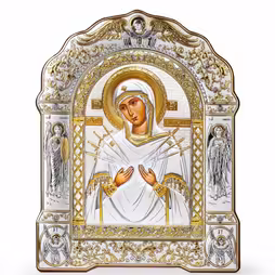 VM 7 Sorrows Icona ad arco con cornice sotto vetro. Volto dipinto. Argento 999. Oro.