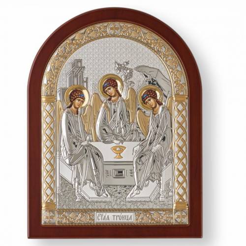 Trinità Icona ad arco. Faccia dipinta. Base marrone. Argento 999. Oro.
