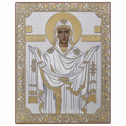 Vergine Maria Pokrova Icona rettangolare. Volto dipinto. Senza cornice. Argento 999. Oro.