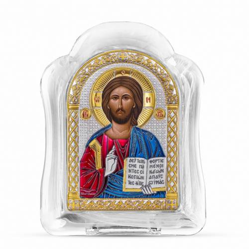 Cristo Icona ad arco in vetro di Murano. Quadrante dipinto. Argento 999. Oro. Colorato.
