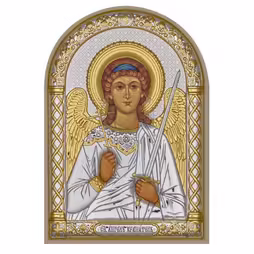 Sant'Angelo Icona ad arco. Faccia dipinta. Base bianca. Argento 999. Oro.