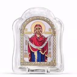 Vergine Maria Pokrova Icona ad arco in vetro di Murano. Quadrante dipinto. Argento 999. Oro. Colorato.