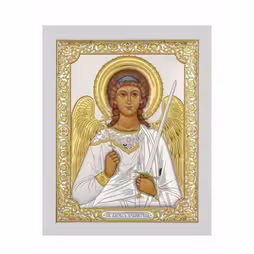Sant'Angelo Icona rettangolare. Quadrante dipinto. Base bianca. Argento 999. Oro.