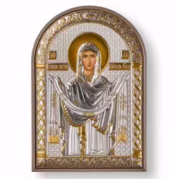 Virgin Mary Pokrova Icona ad arco. Faccia dipinta. Base marrone. Argento 999. Oro.