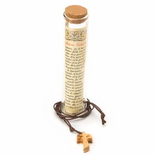 Tau in olive wood with lace and glass bottle