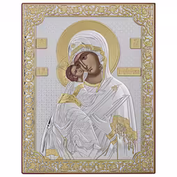 Virgin Mary Vladimir Rectangular Icon. Painted face. No frame. Silver 999. Gold.