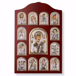 St. Nikolas Rectangular Icon. Painted face. Brown base. Silver 999. Gold.