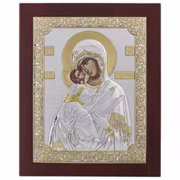 Vergine Maria Vladimir Icona rettangolare. Quadrante dipinto. Base marrone. Argento 999. Oro.