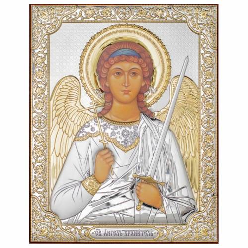 St. Angel Rectangular Icon. Painted face. No frame. Silver 999. Gold.