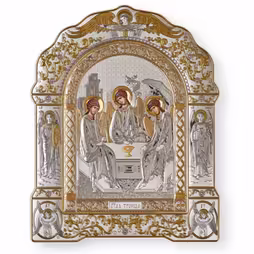 Trinity Arch Icon with a frame under glass. Painted face. Silver 999. Gold.