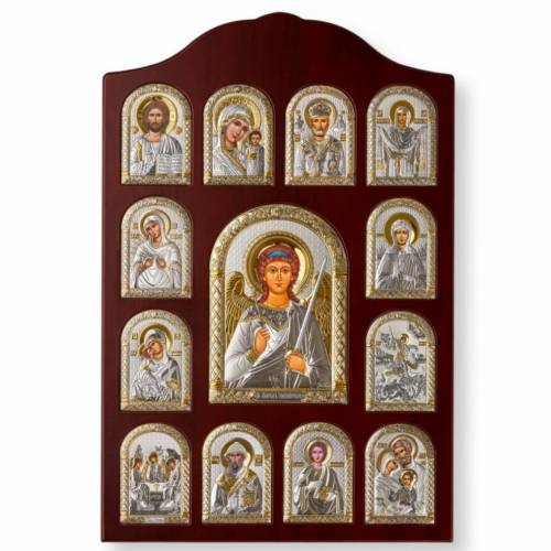 St. Angel Rectangular Icon. Painted face. Brown base. Silver 999. Gold.
