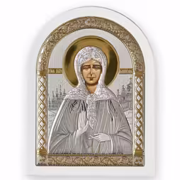 Santa Matrona Icona ad arco. Faccia dipinta. Base bianca. Argento 999. Oro.