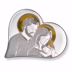 Sacra Famiglia Icona cattolica a forma di cuore. Volto dipinto. Argento 999. Oro