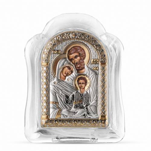 Sacra Famiglia Icona ad arco in vetro di Murano. Quadrante dipinto. Argento 999. Oro.