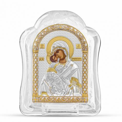 Virgin Mary Vladimir Arch Icon Murano glass. Painted face. Silver 999. Gold.