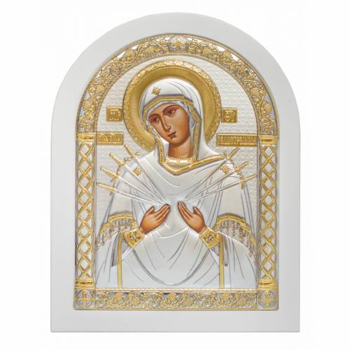 VM 7 Sorrows Icona ad arco. Faccia dipinta. Base bianca. Argento 999. Oro.