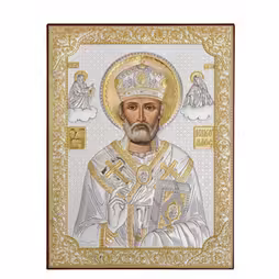 St. Nicholas Icona rettangolare. Volto dipinto. Senza cornice. Argento 999. Oro.