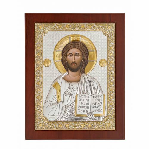 Christ Rectangular Icon. Painted face. Brown base. Silver 999. Gold.